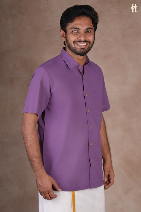 Regular Collar Plain Purple Cotton Shirt