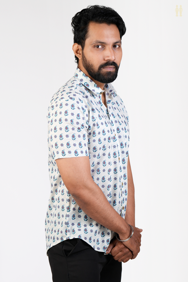 Regular Collar Printed Design White Cotton Shirt