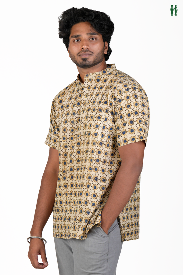 Chinese Collar Ajrakh Design Beige Cotton Short Kurta