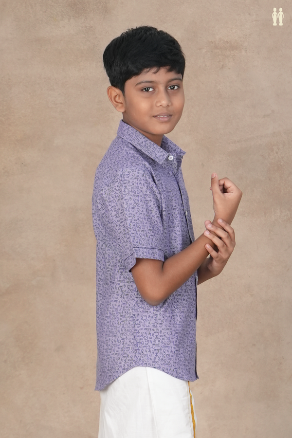 Regular Collar Tamil Letters Print Light Purple Cotton Shirt