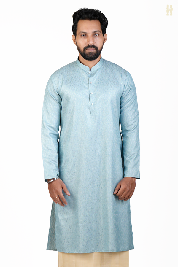 Chinese Collar Threadwork Design Turkish Blue Cotton Long Kurta
