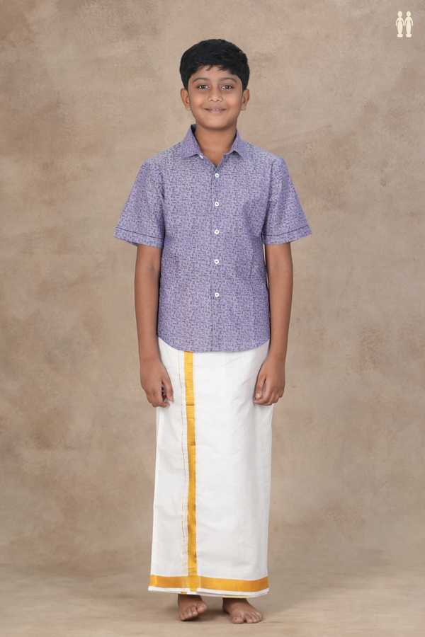 Regular Collar Tamil Letters Print Light Purple Cotton Shirt