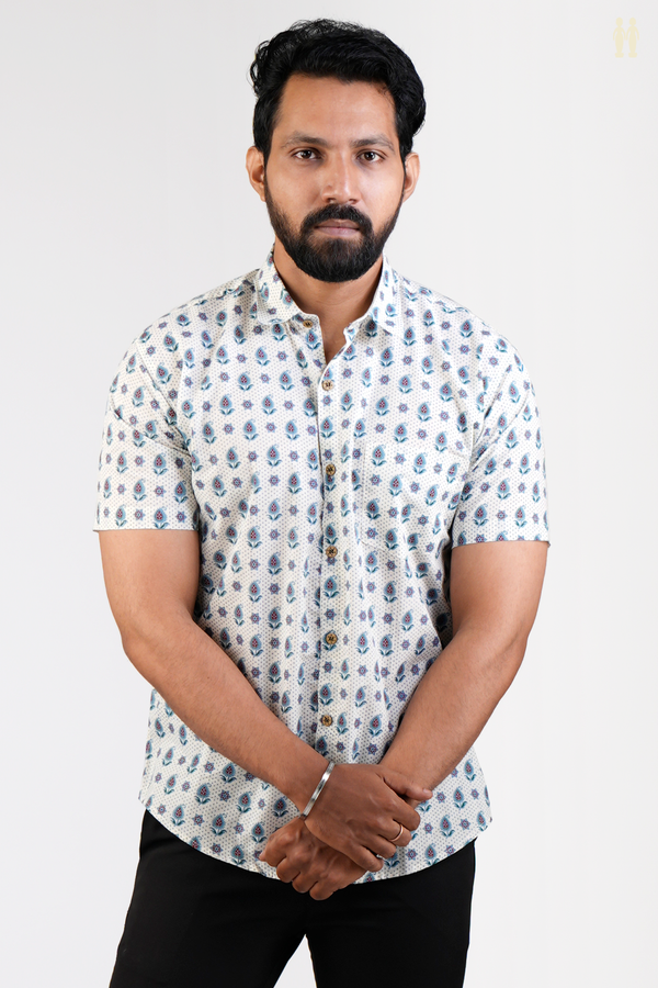 Regular Collar Printed Design White Cotton Shirt