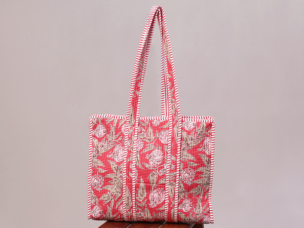 Floral Printed Design Red Cotton Hand Bag