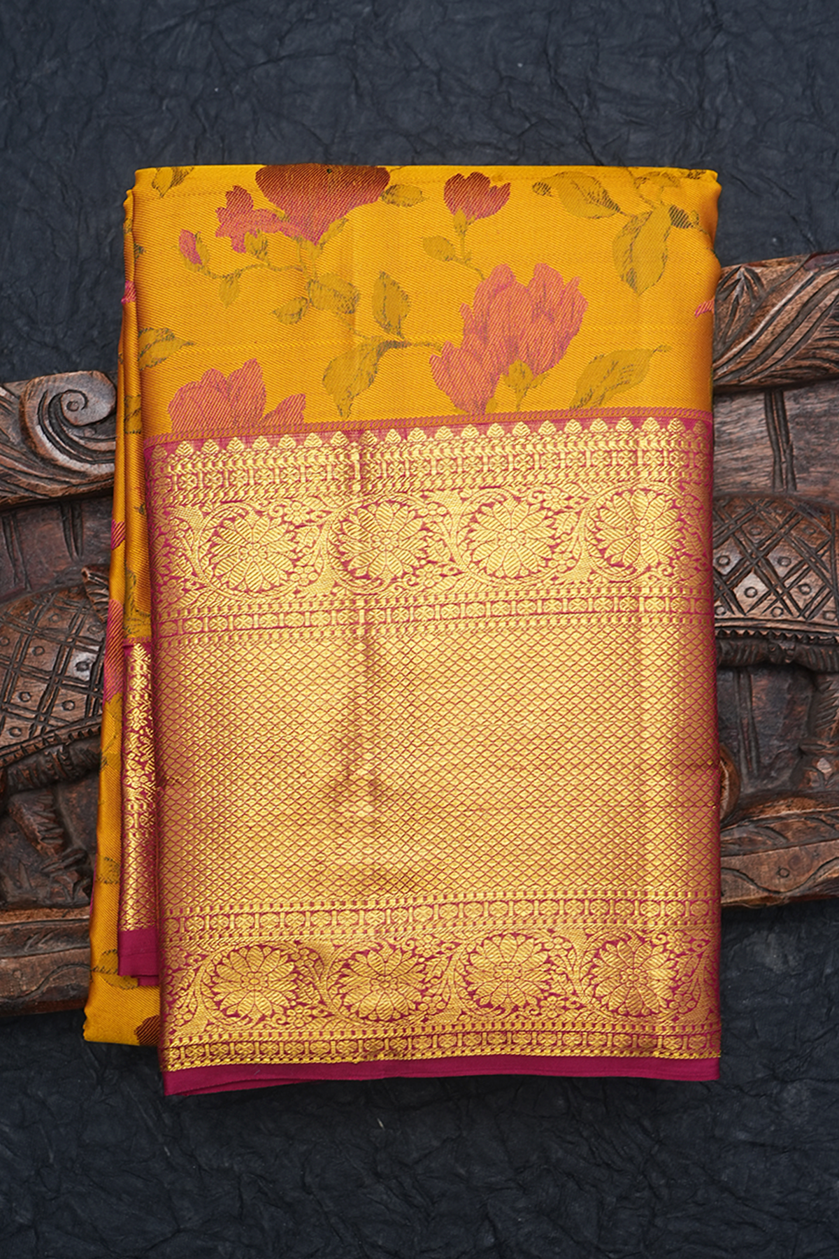 Floral Weaving Design Golden Yellow Kanchipuram Silk Saree