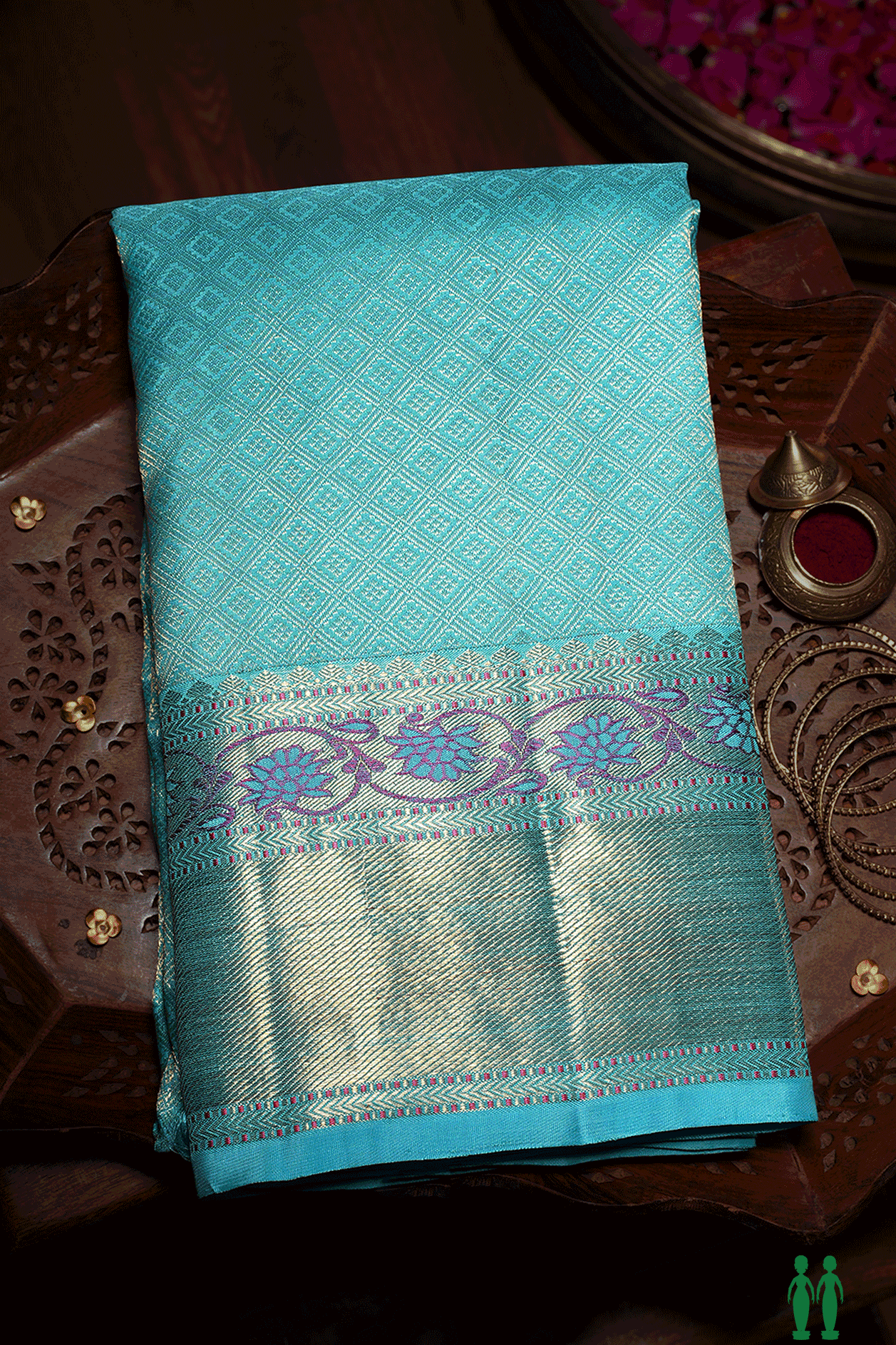 Diamond Design Deep Sky Blue Kanchipuram Silk Saree