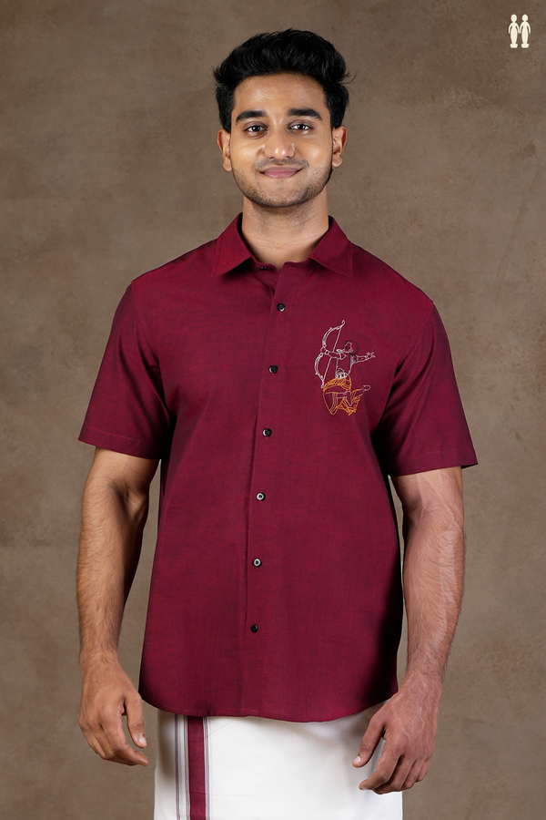 Regular Collar Embroidered Design Burgundy Red Cotton Shirt