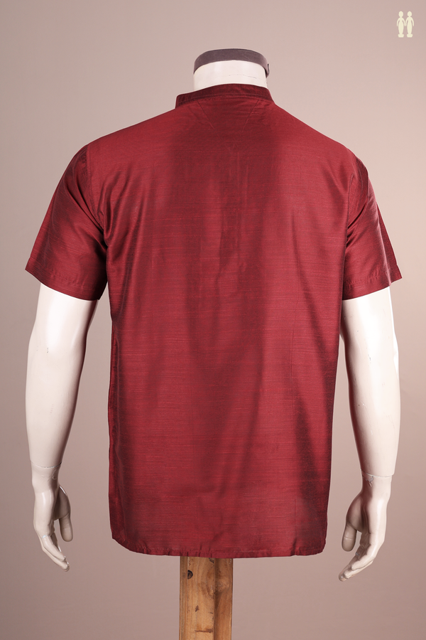 Chinese Collar Plain Red Semi Raw Silk Short Kurta