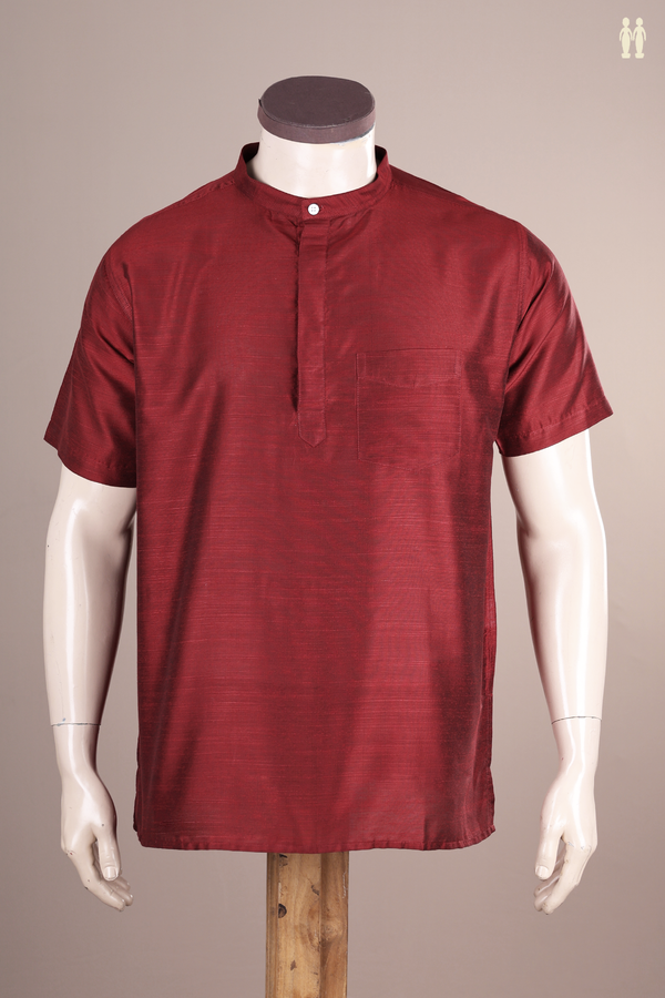 Chinese Collar Plain Red Semi Raw Silk Short Kurta