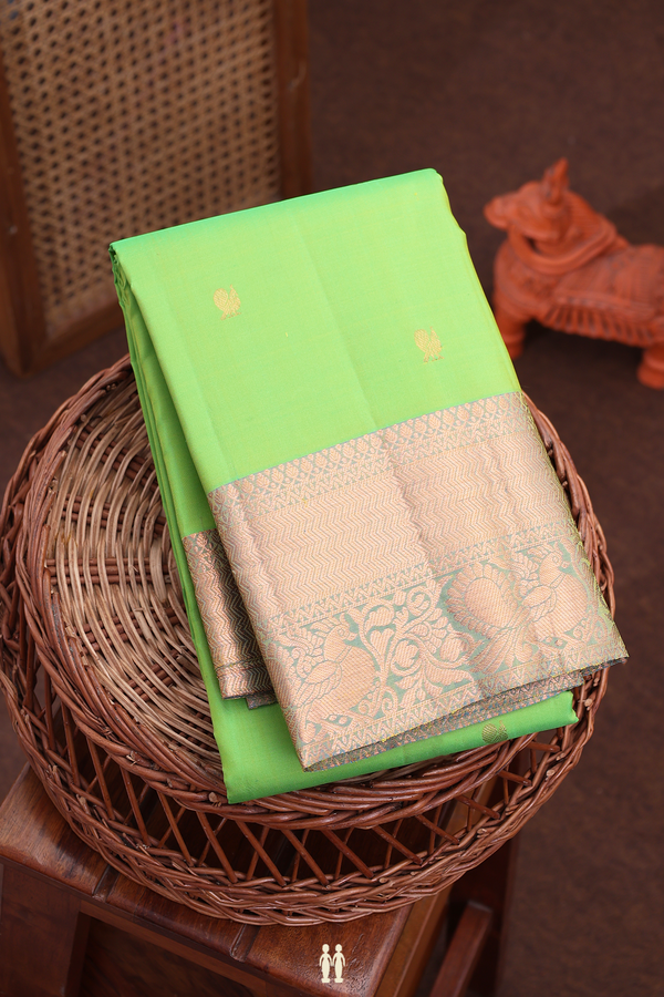 Kanchipuram Silk Saree In Lime Green With Peacock Buttas