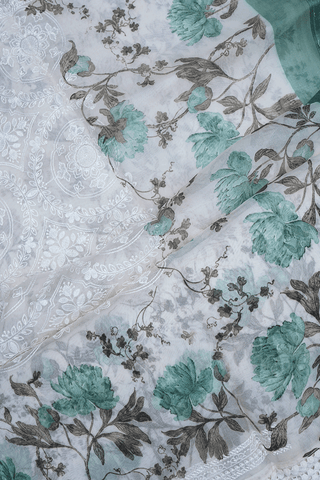 Floral Embroidered Design White Organza Silk Saree