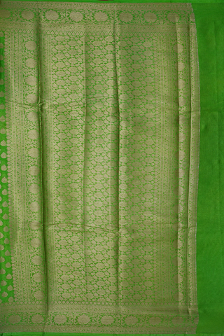Allover Floral Buttas Parrot Green Semi Banarasi Silk Saree
