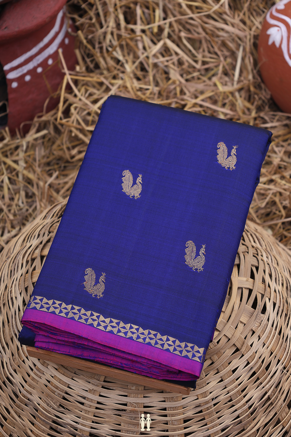 Kanchipuram Silk Saree In Navy Blue With Peacock Buttas