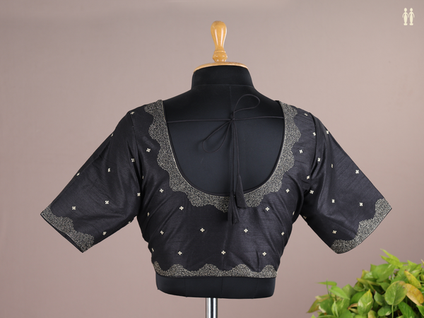 Round Neck Zari Buttis Black Semi Raw Silk Readymade Blouse