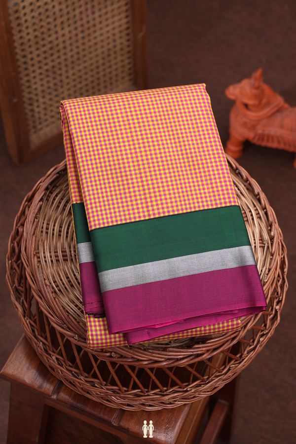 Kanchipuram Silk Saree In Pink And Yellow With Checks Design