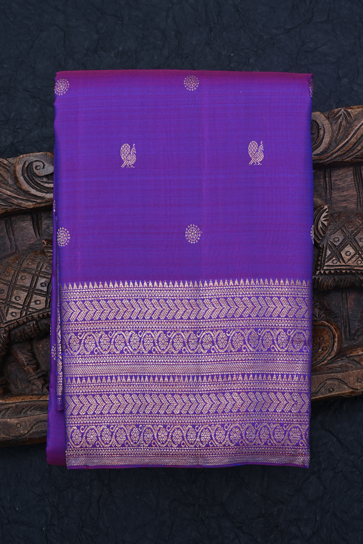Peacock And Floral Buttis Purple Kanchipuram Silk Saree