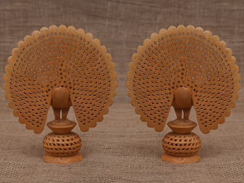 Set Of 2 Big Size Wooden Peacock Statue For Showpiece
