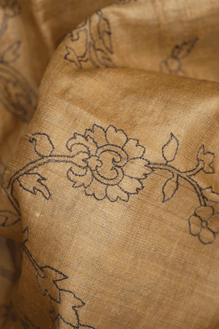 Floral Printed Design Mustard Brown Tussar Silk Saree