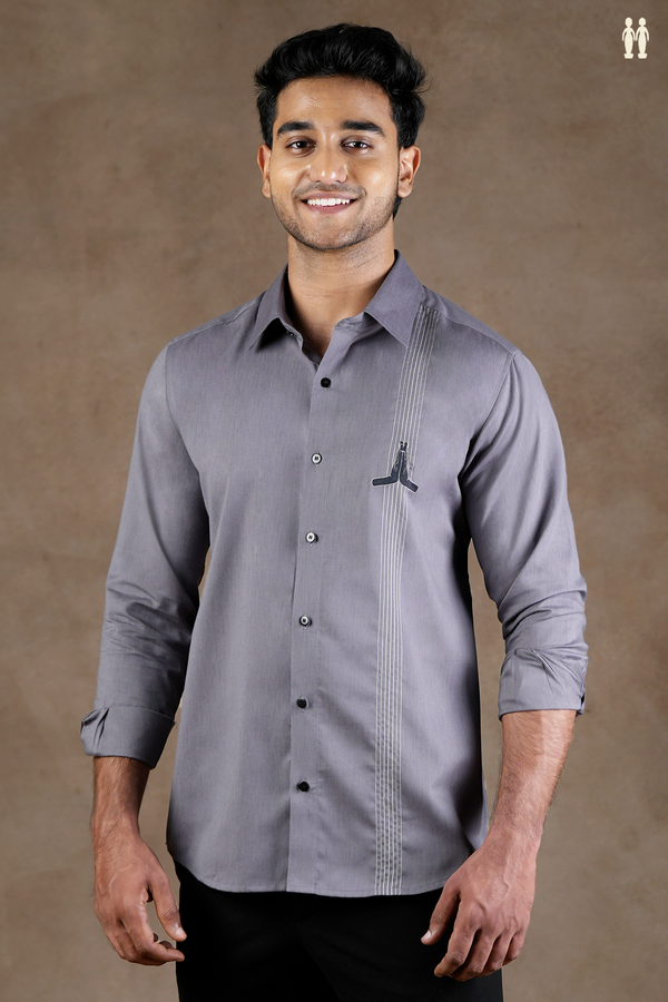 Regular Collar Embroidered Design Grey Cotton Shirt
