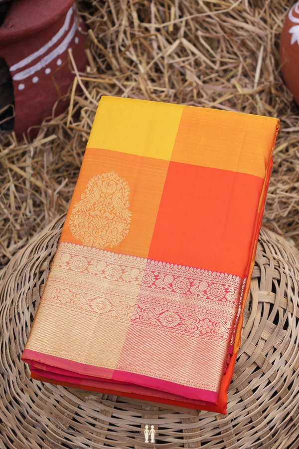 Kanchipuram Silk Saree Yellow And Orange With Checks Design
