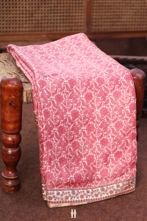 Printed Silk Saree In Beige With Floral Design