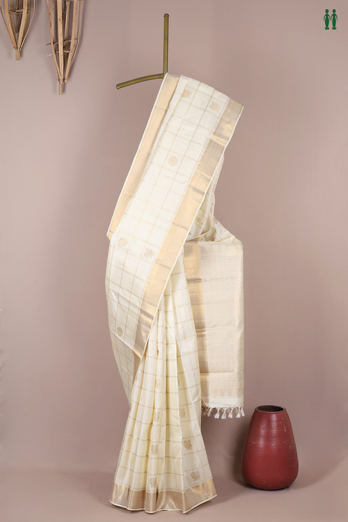 Kanchipuram Silk Saree In White With Checks Design