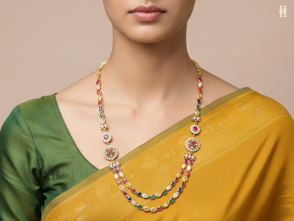 Multicolor Stone Double Layered Gold Plated Silver Necklace