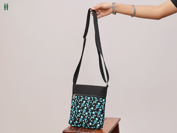 Floral Printed Design Black Cotton Sling Bag