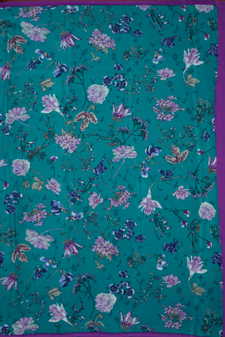 Botanical Floral Printed Teal Blue Crepe Saree