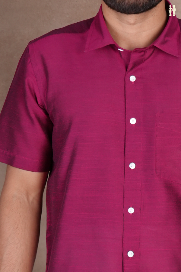 Regular Collar Plain Berry Purple Raw Silk Shirt