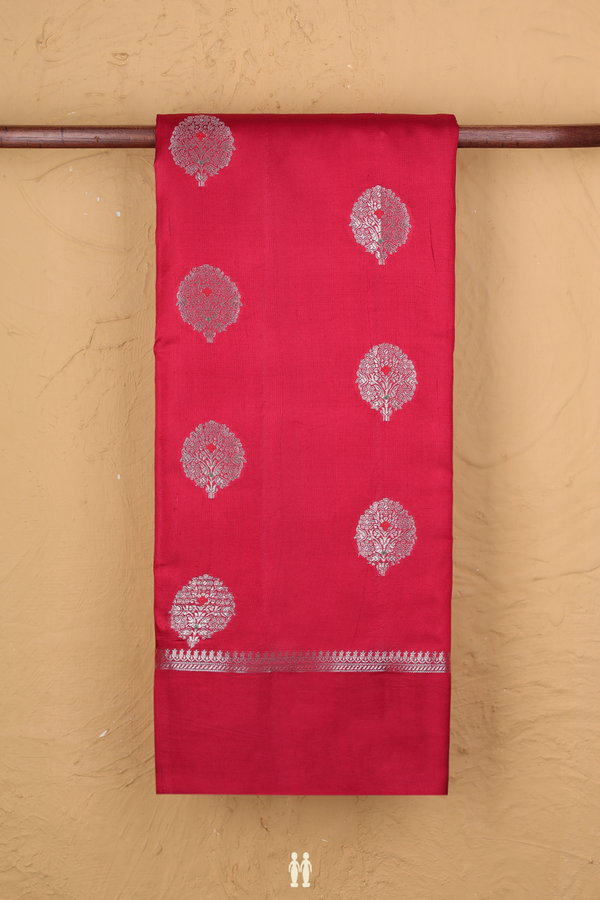Raw Silk Saree In Crimson Red With Zari Motifs