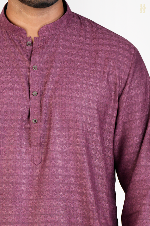 Chinese Collar Threadwork Design Berry Purple Cotton Long Kurta