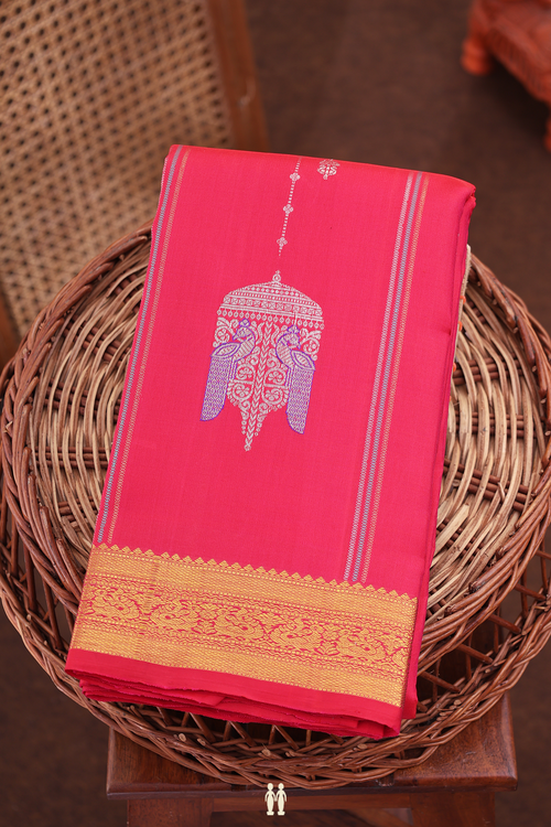Kanchipuram Silk Saree In Red With Stripes Along Buttas