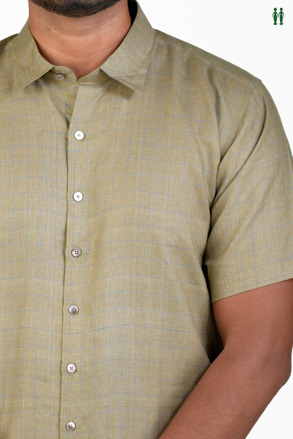 Regular Collar Checks Design Olive Green Linen Shirt