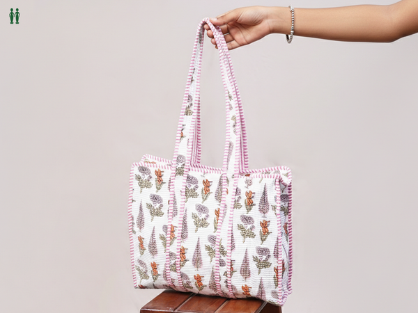 Floral Printed Design White Cotton Hand Bag