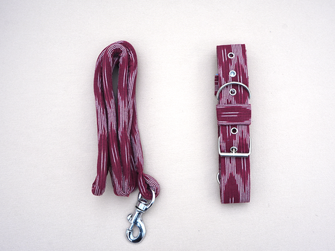 Burgundy Red Ikat Cotton Dog Collar With Rope Set