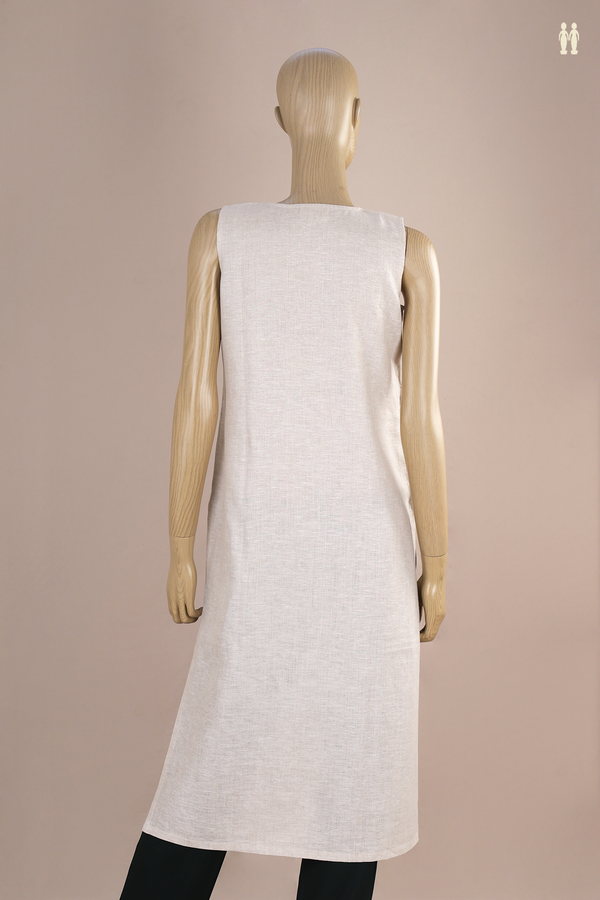 Round Neck Leaf Design Beige Linen Long Kurta