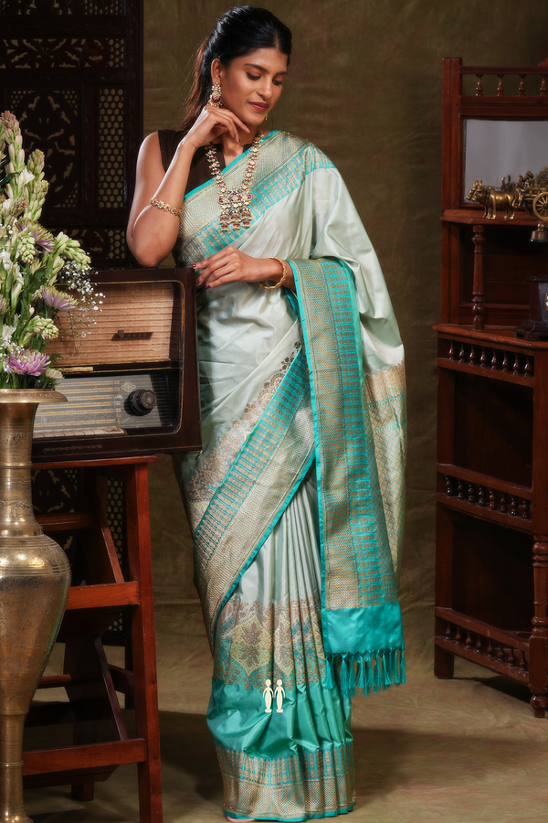 Banarasi Silk Saree In Shades Of Green With Floral Design