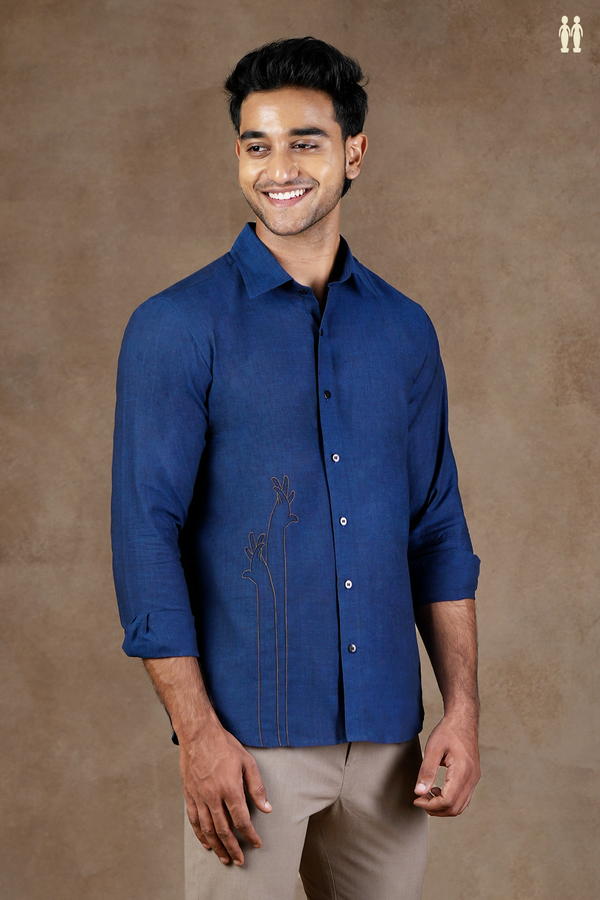 Regular Collar Embroidered Design Oxford Blue Cotton Shirt