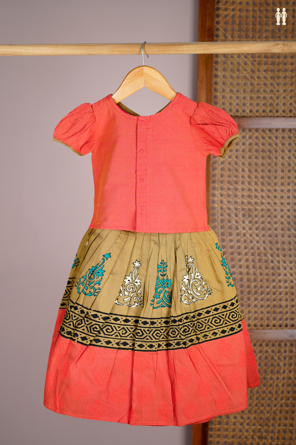Printed Design Orange And Green Readymade Pavadai Sattai