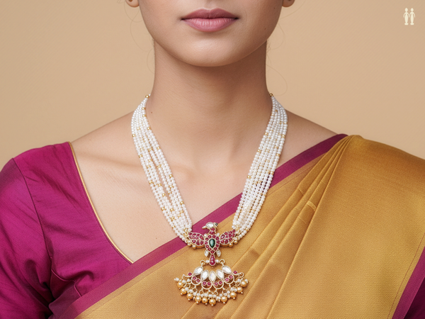 Peacock Design With Multi Layered Beads Pure Silver Necklace