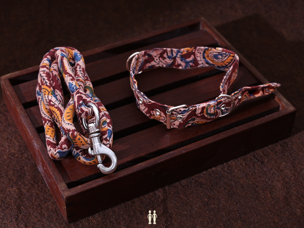 Burgundy Red Kalamkari Cotton Dog Collar With Rope Set