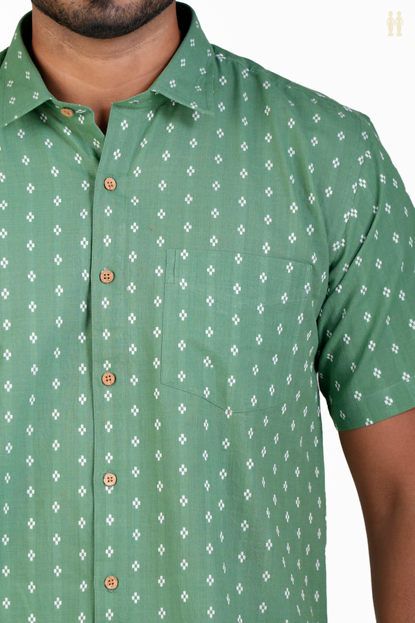 Regular Collar Threadwork Buttis Fern Green Cotton Shirt