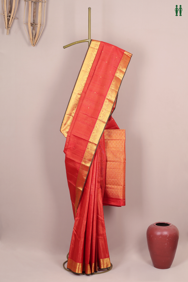 Kanchipuram Silk Saree Scarlet Red Along Stripes With Buttas