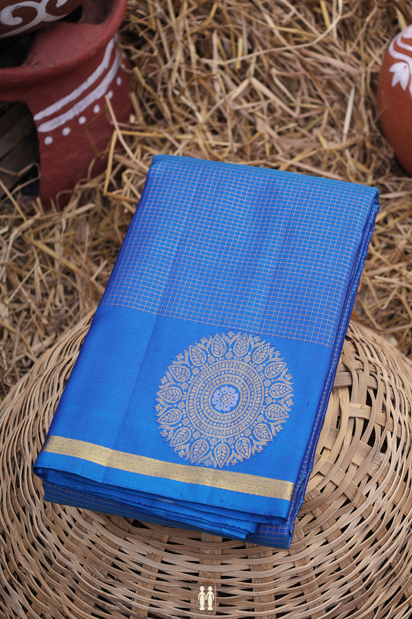 Kanchipuram Silk Saree In Cobalt Blue With Checks Design