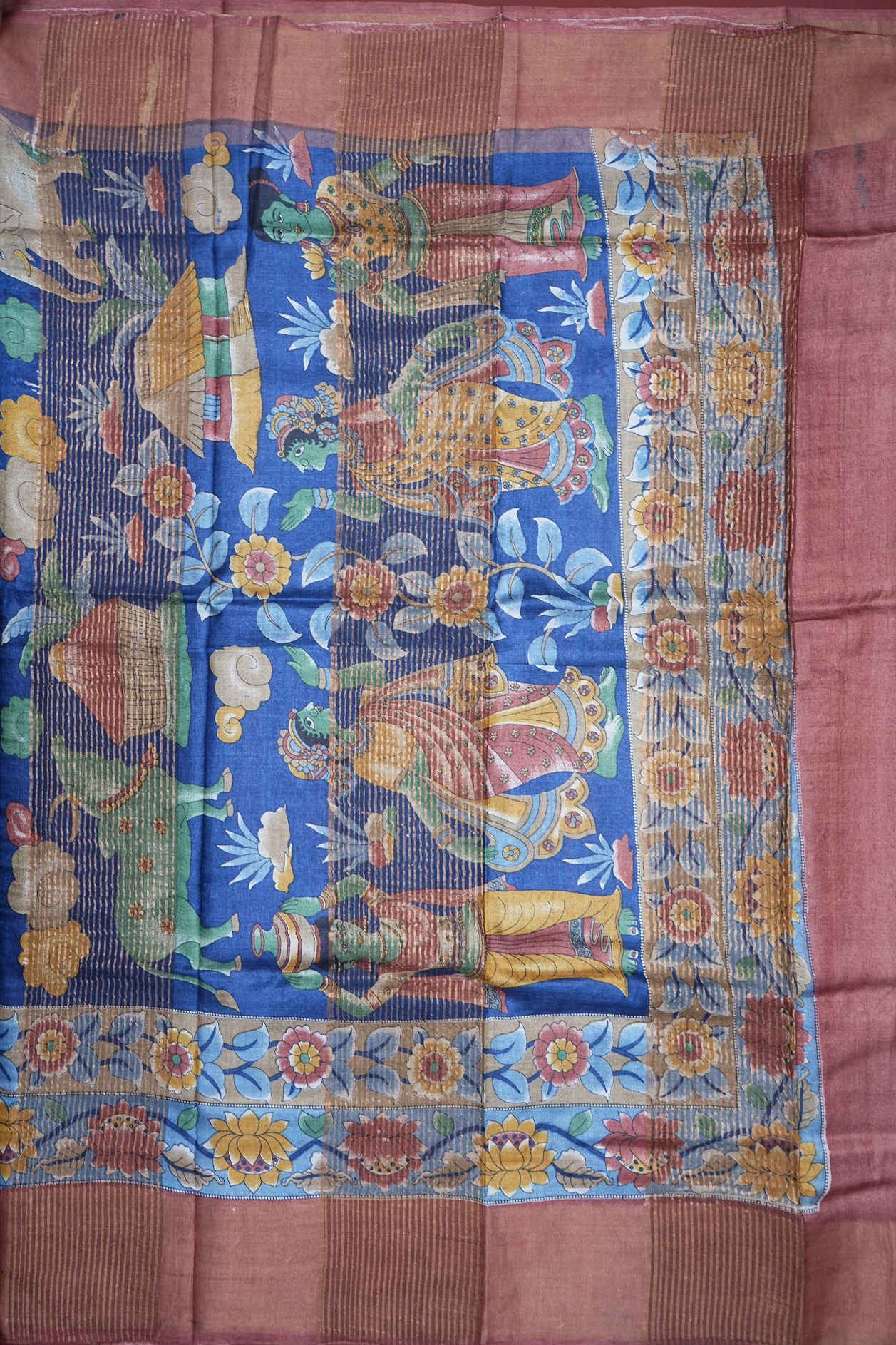 Allover Floral And Cow Design Berry Blue Tussar Silk Saree