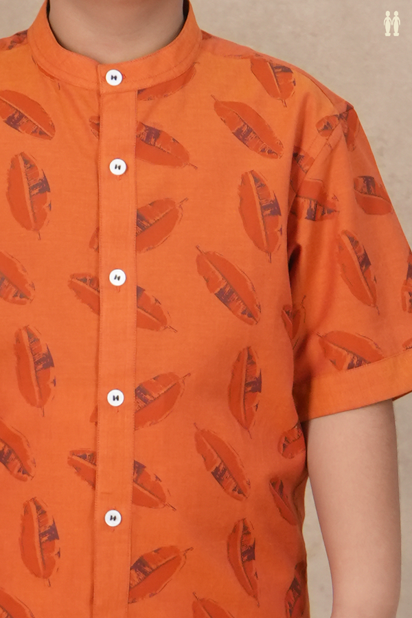 Chinese Collar Leaf Design Ginger Orange Cotton Shirt