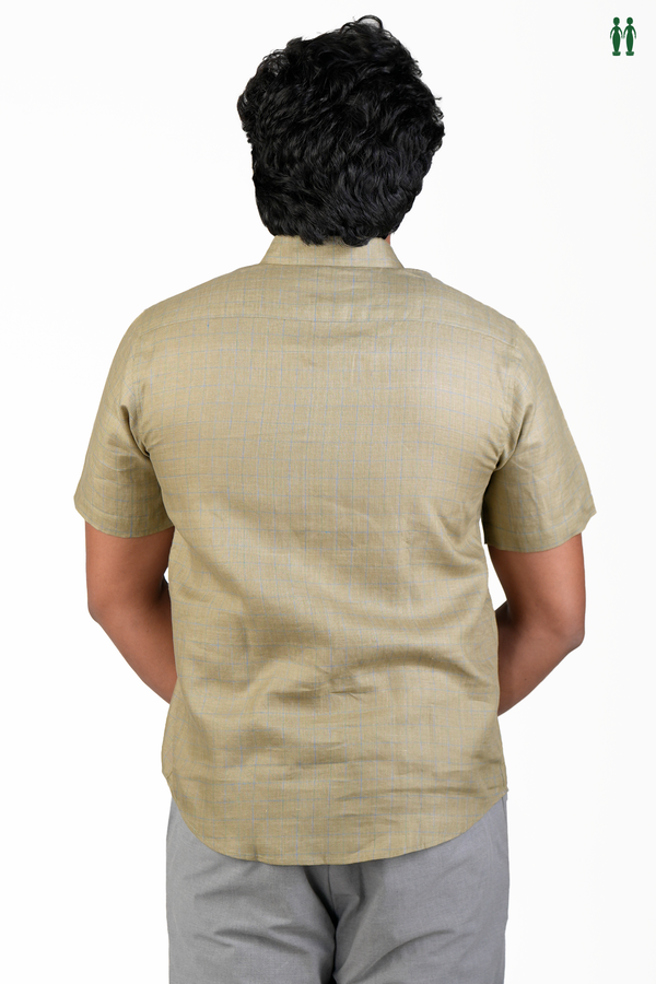 Regular Collar Checks Design Olive Green Linen Shirt