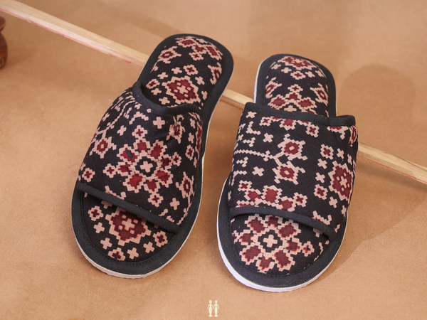 Printed Design Black Cotton Slippers