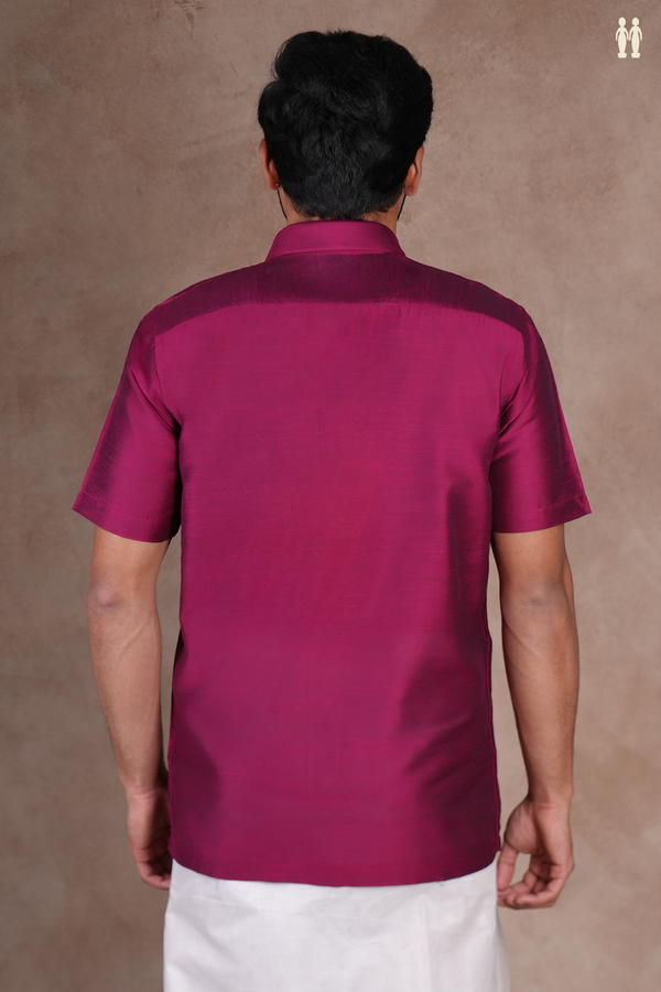 Regular Collar Plain Berry Purple Raw Silk Shirt